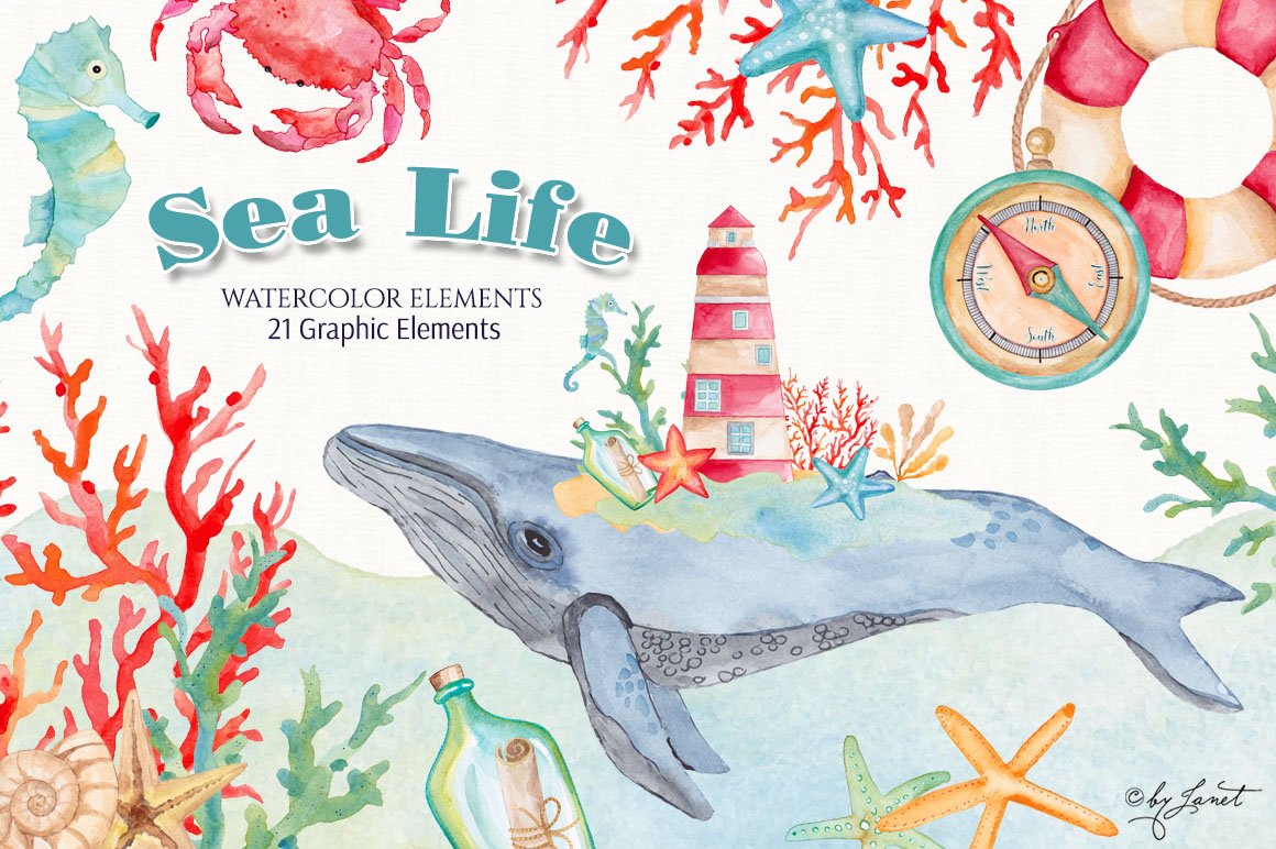 Image of whale and lighthouse and marine elements.