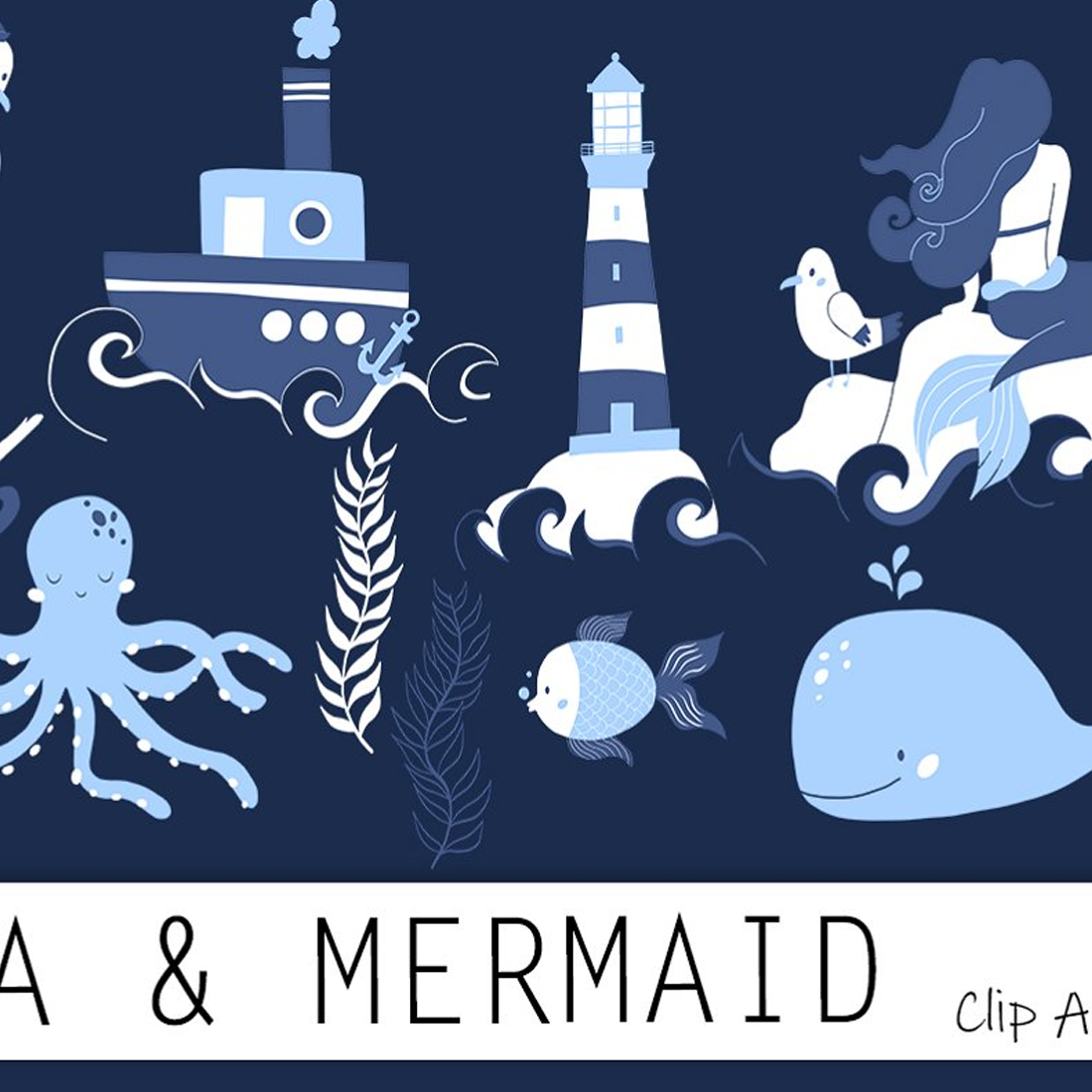 Images preview sea mermaid clip art set.