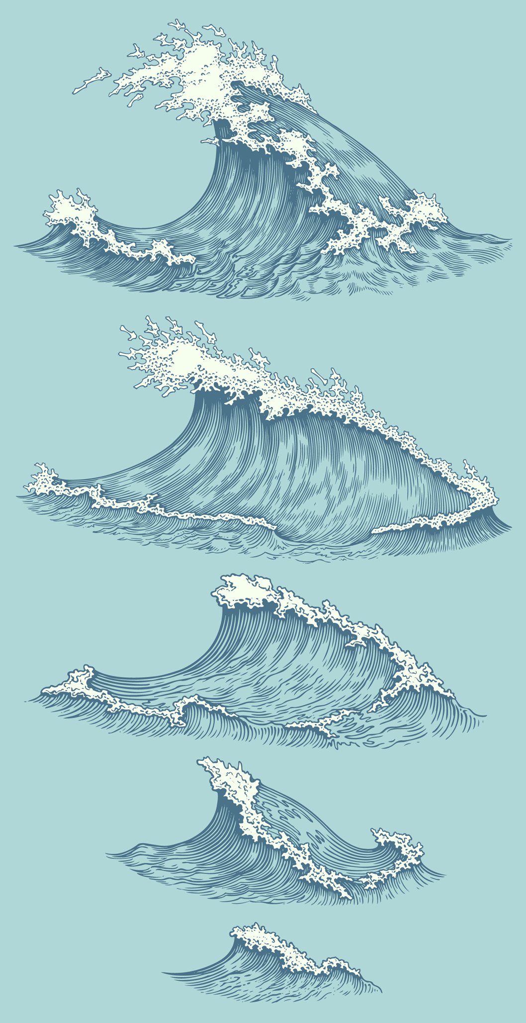 A set of 5 waves illustrations in different sizes on a blue background.