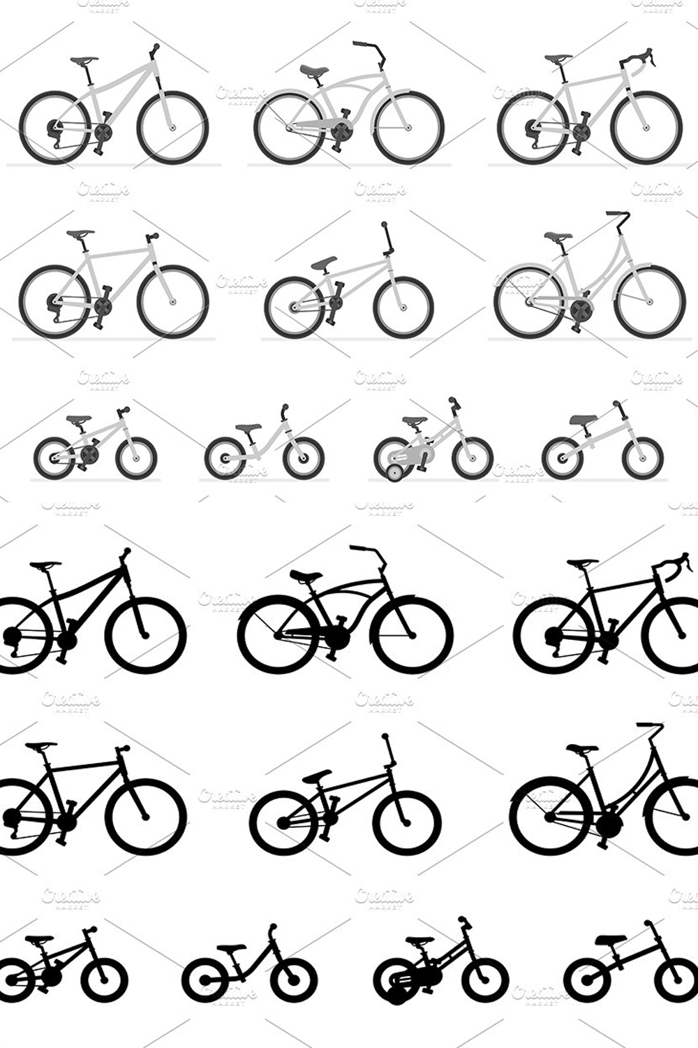 Illustrations set of different bicycles of pinterest.