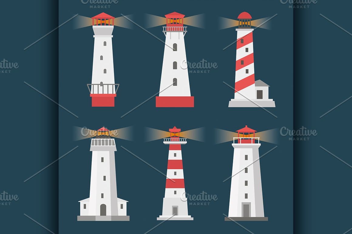 White and red lighthouse with various decorative elements on a dark blue background.