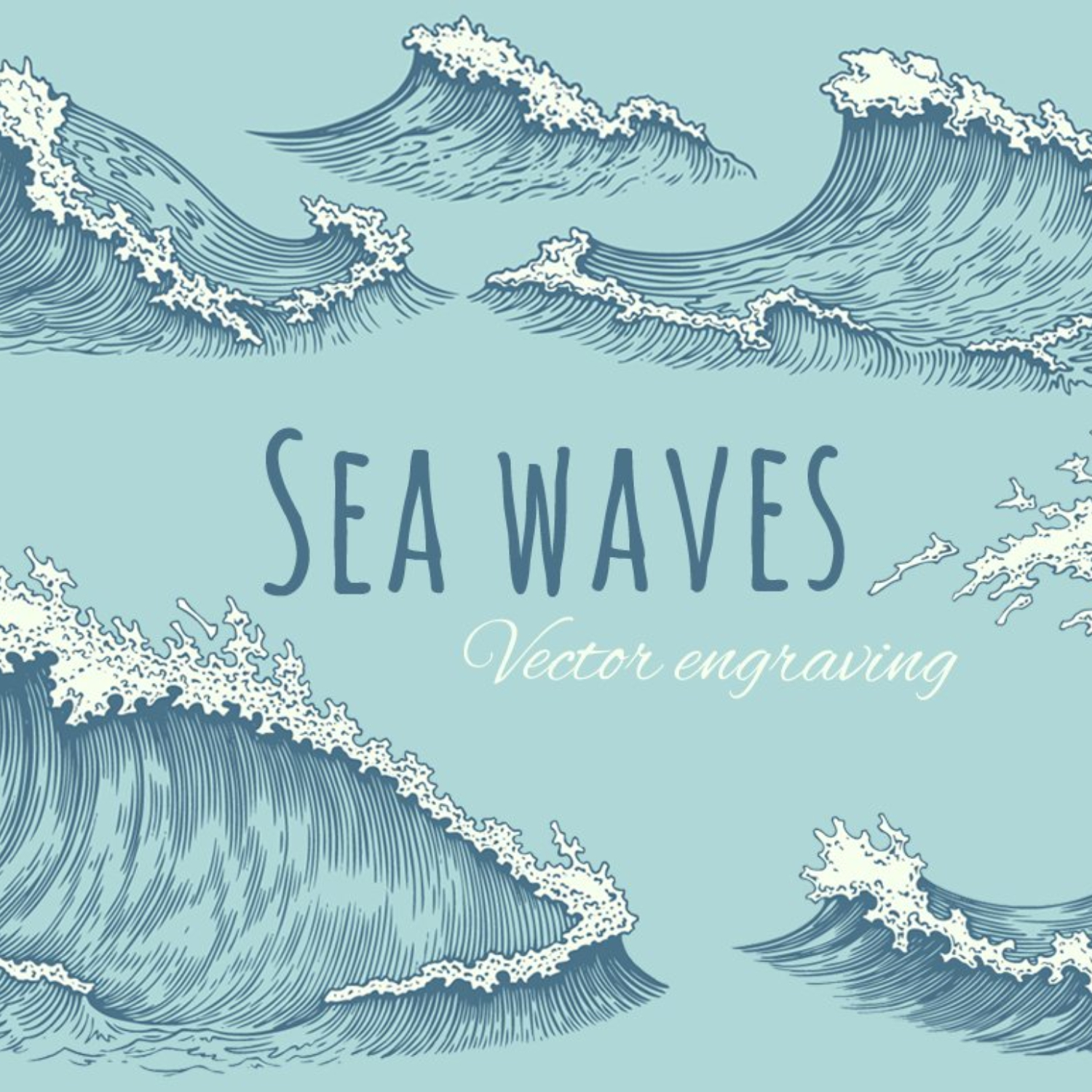 Set Sea Waves. Vector Engraving.
