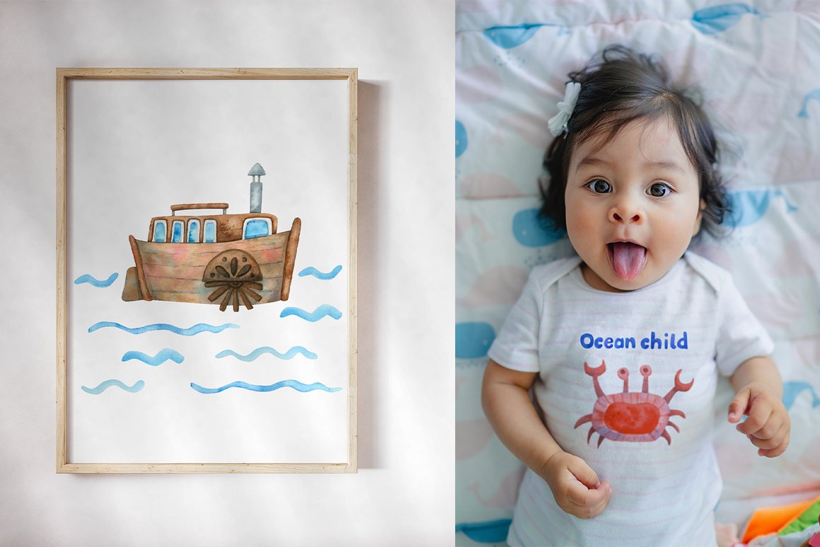 A kid with a crab and a ship.