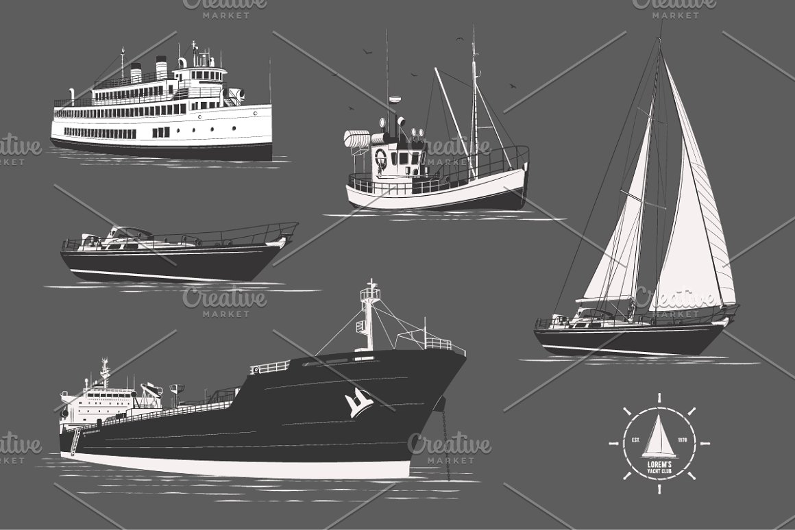 Illustrations grey color ship set.