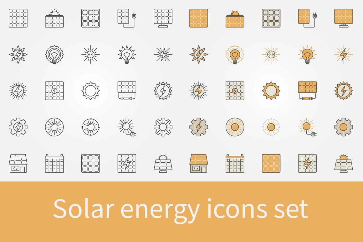 Vector sun and solar panel concept alternative energy signs in outline and colorful style.