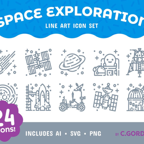 Images preview space exploration line art icon set.