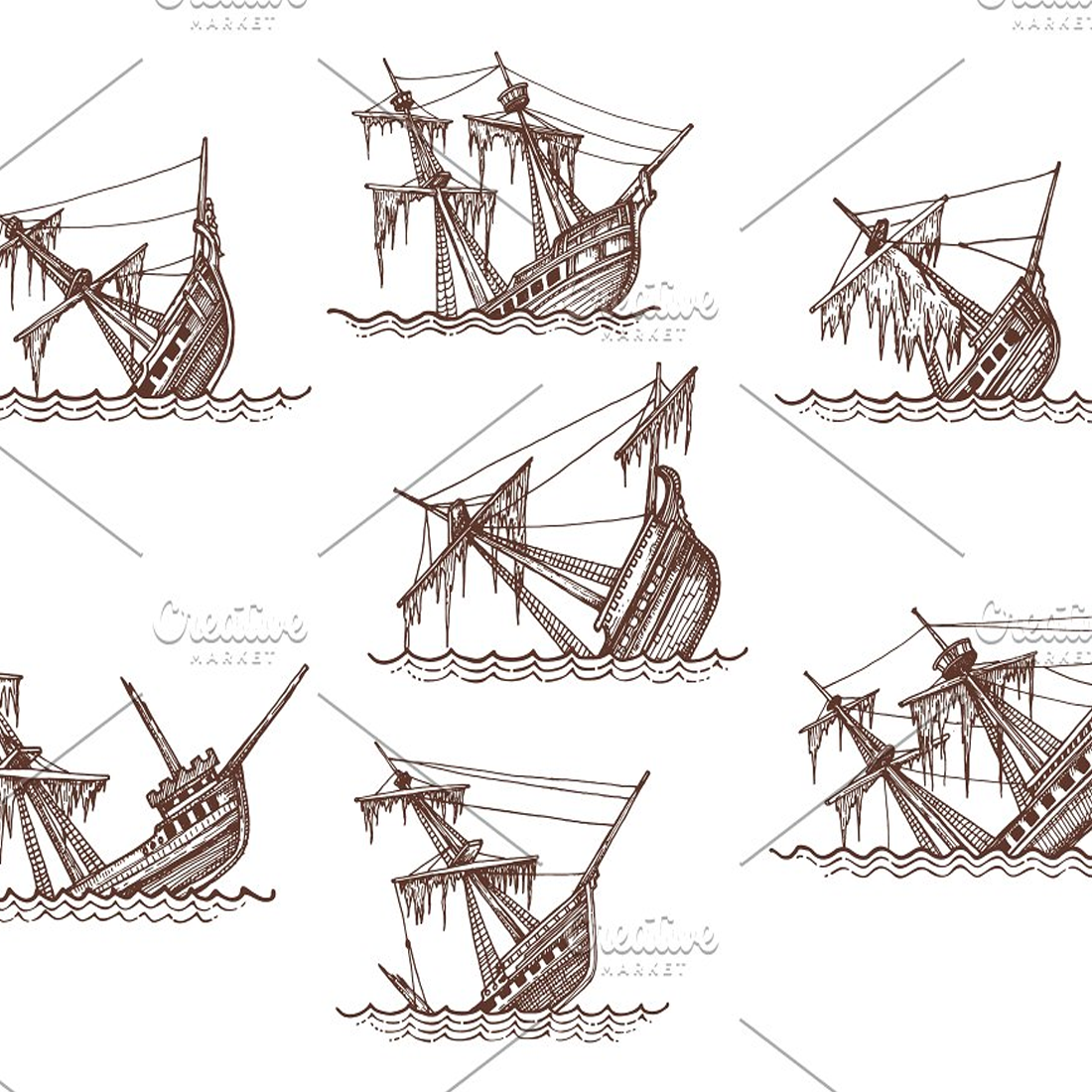 Images preview sunken sailing ship sketches.