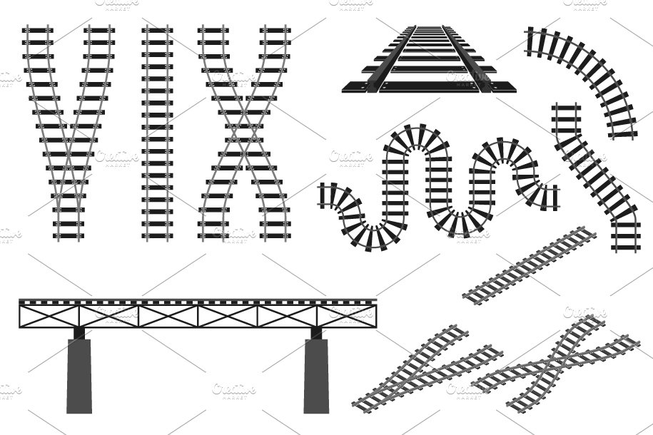 train railway road rails constructor elements set vector illustration 29