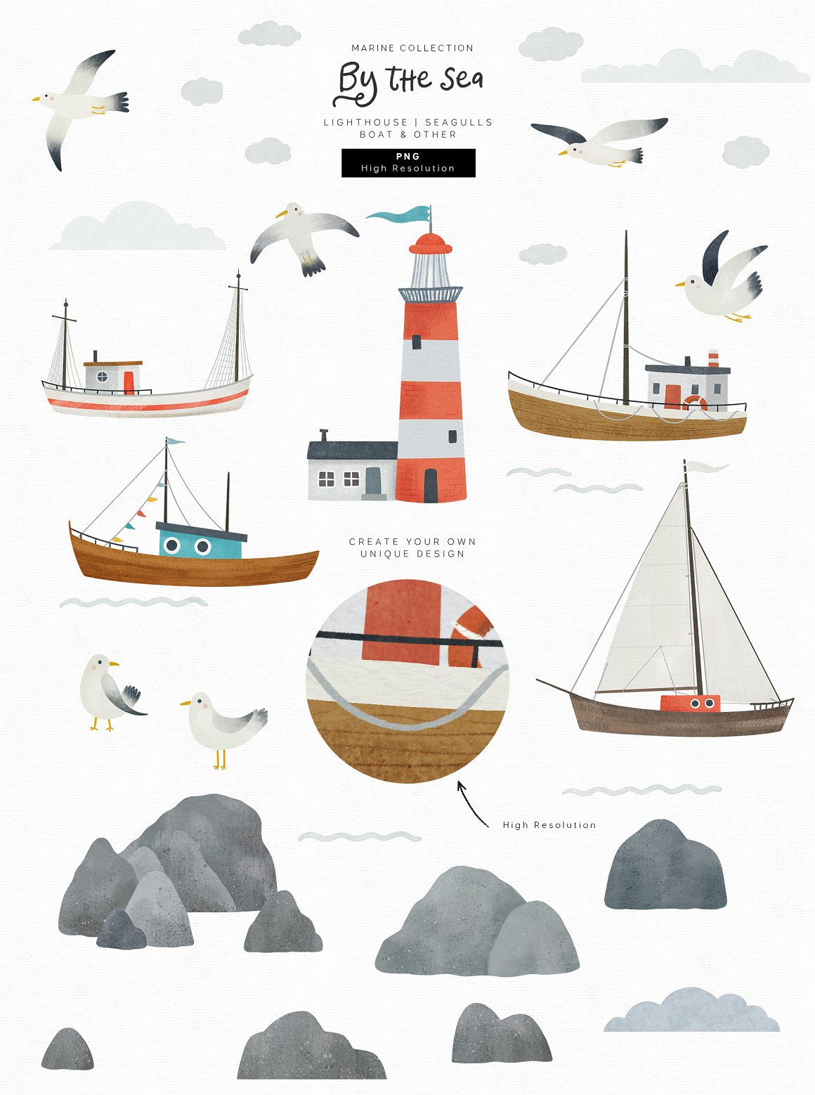 Ships with stones and a lighthouse.