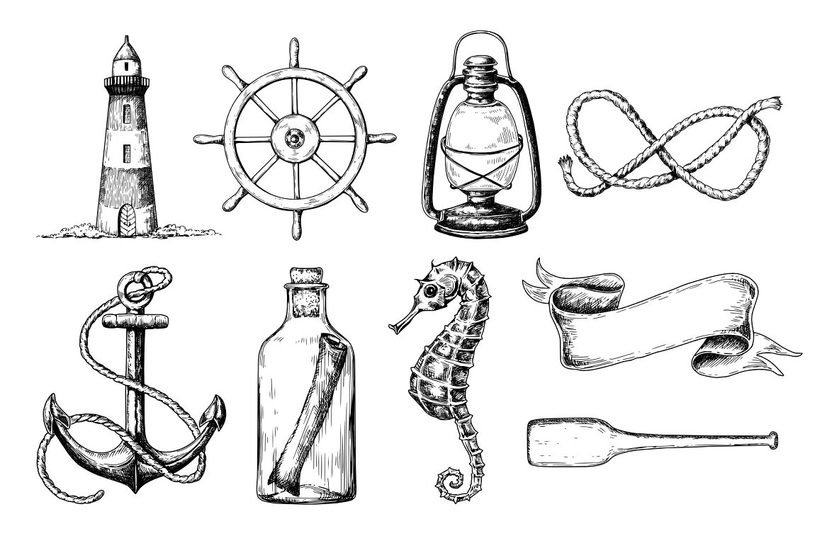 Images of marine themes with a helm lantern and others.