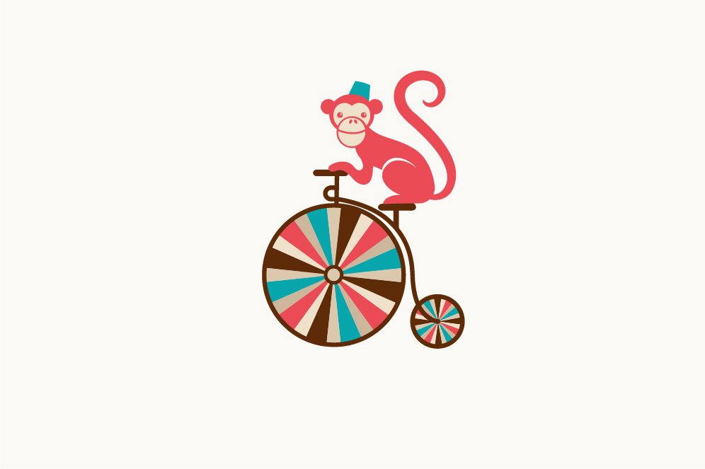 A monkey with a bicycle and others.