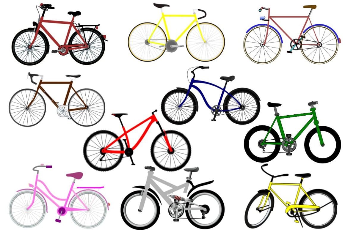 Many images of colorful bicycles.