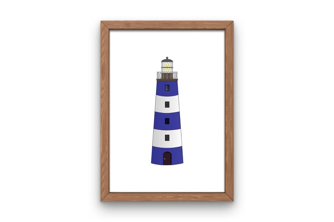 Blue lighthouse in a framed picture.
