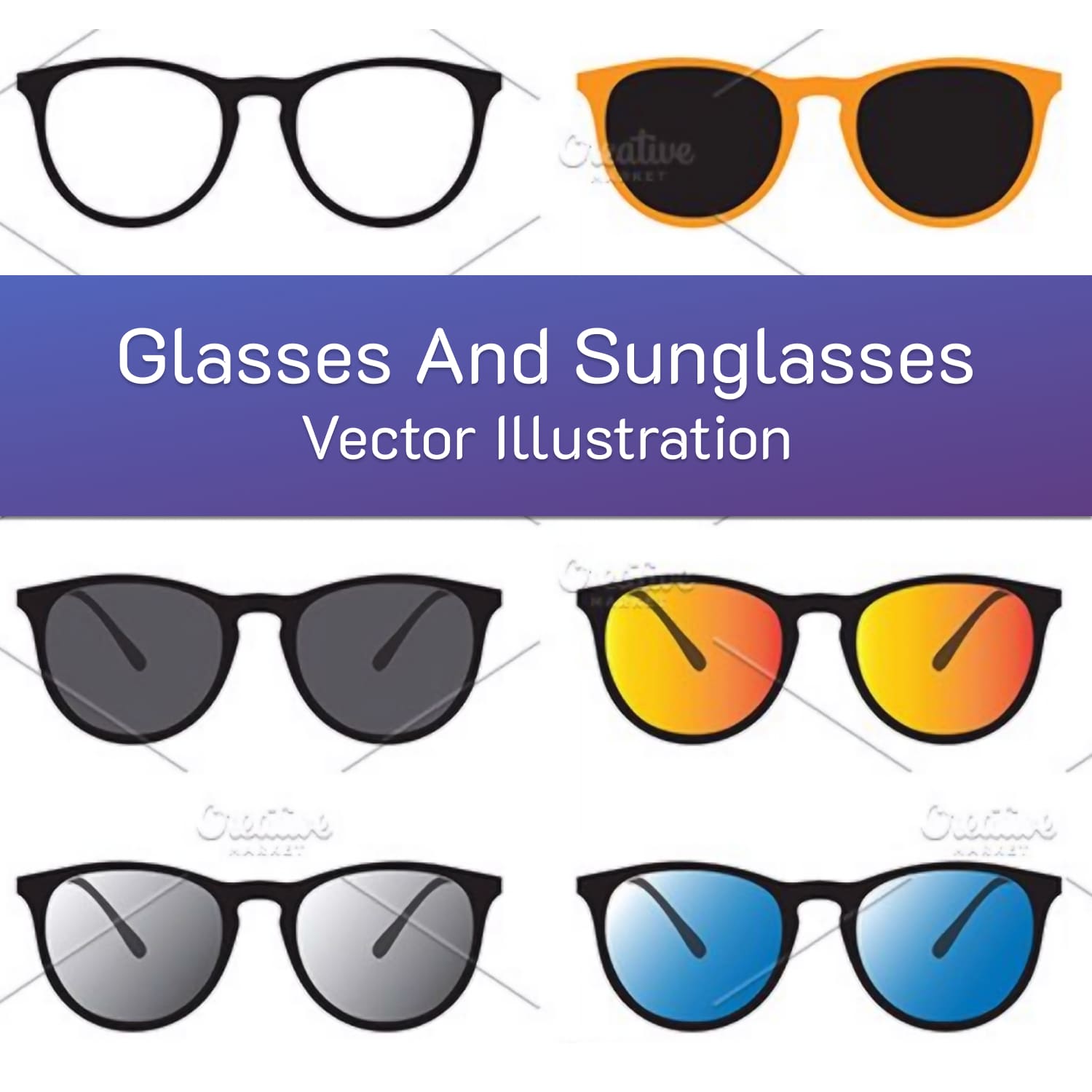 Vector of glasses and sunglasses, main picture.