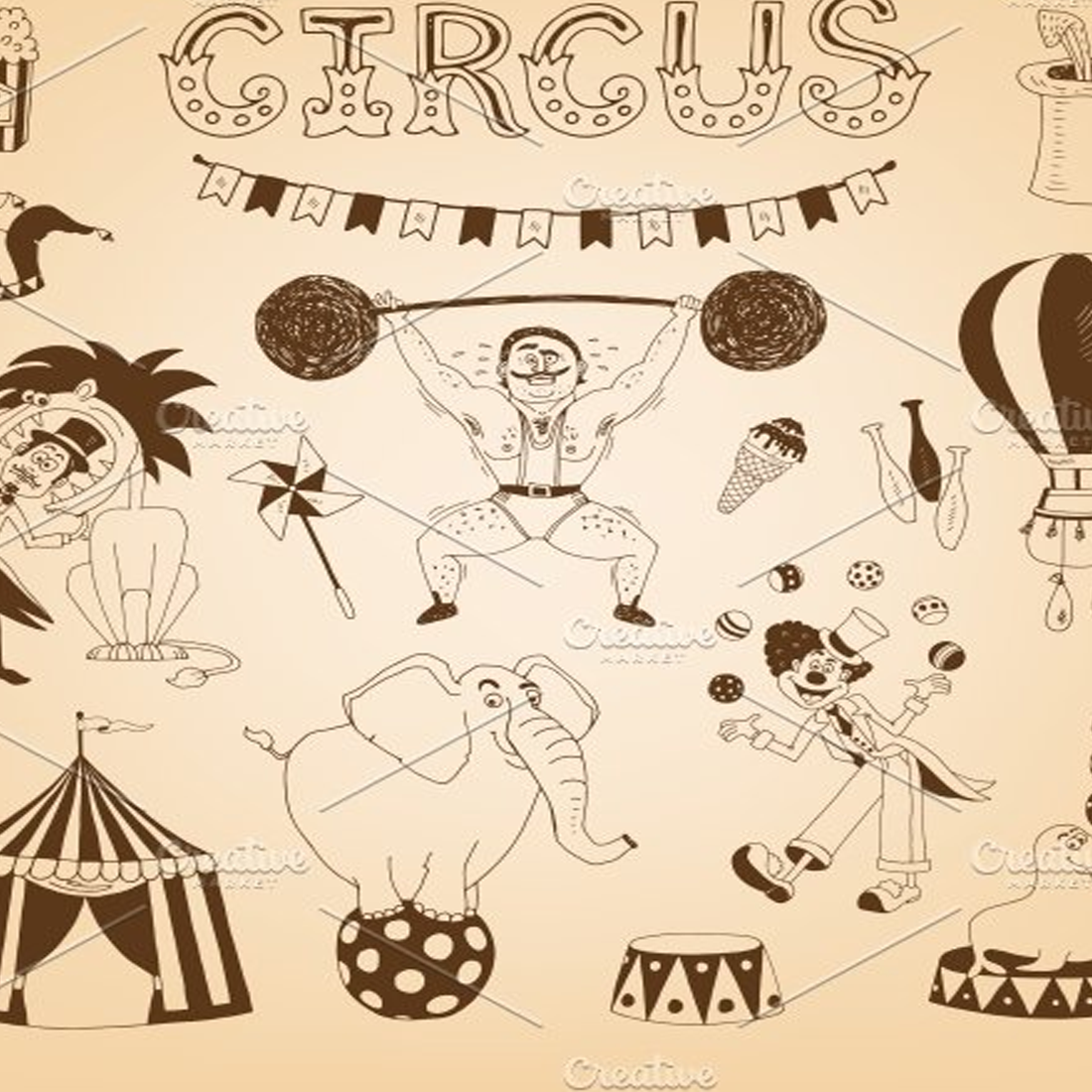 Images preview vintage circus elements.