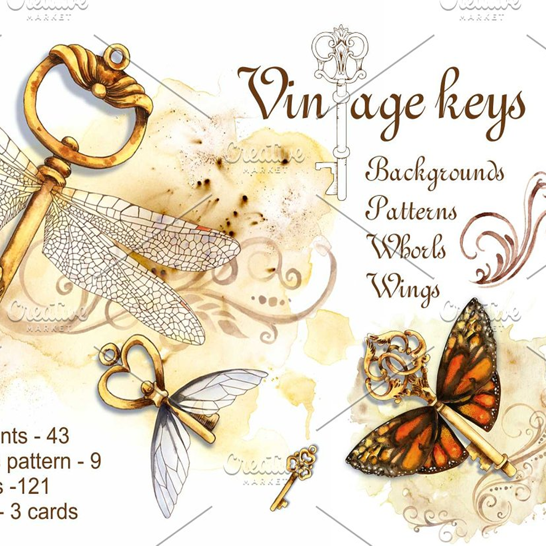 Images preview vintage keys whorls and wings.