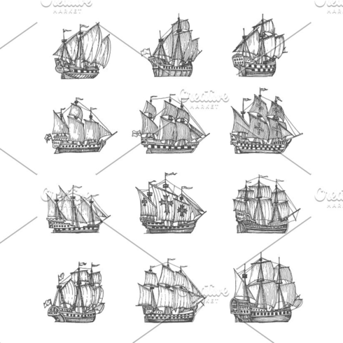 Images preview vintage pirate sail ships sketch.