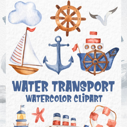 Images preview water transport. watercolor set.