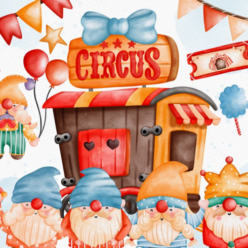 Images preview watercolor circus gnome clipart.
