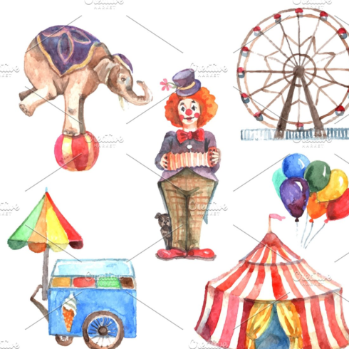 Images preivew watercolor circus icons set.