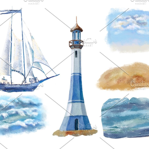 Images preview watercolor nautical illustration.