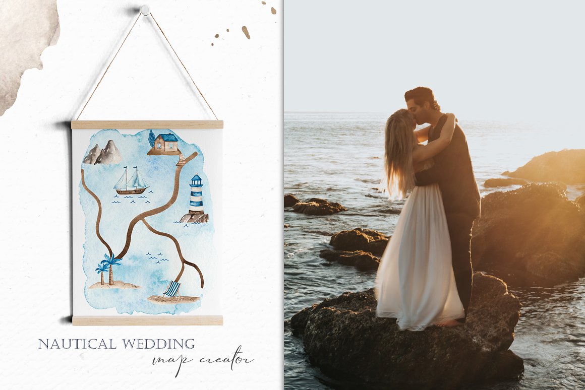 Images of the sea and the wedding.