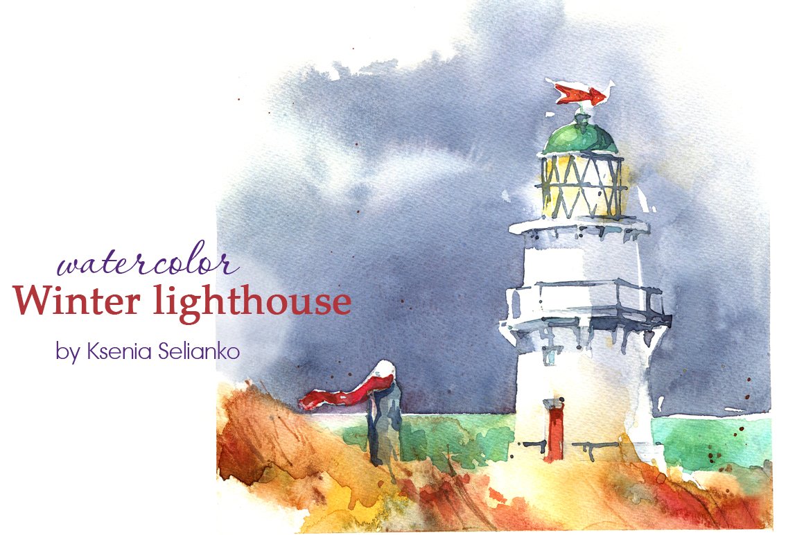 Illustrations winter lighthouse.