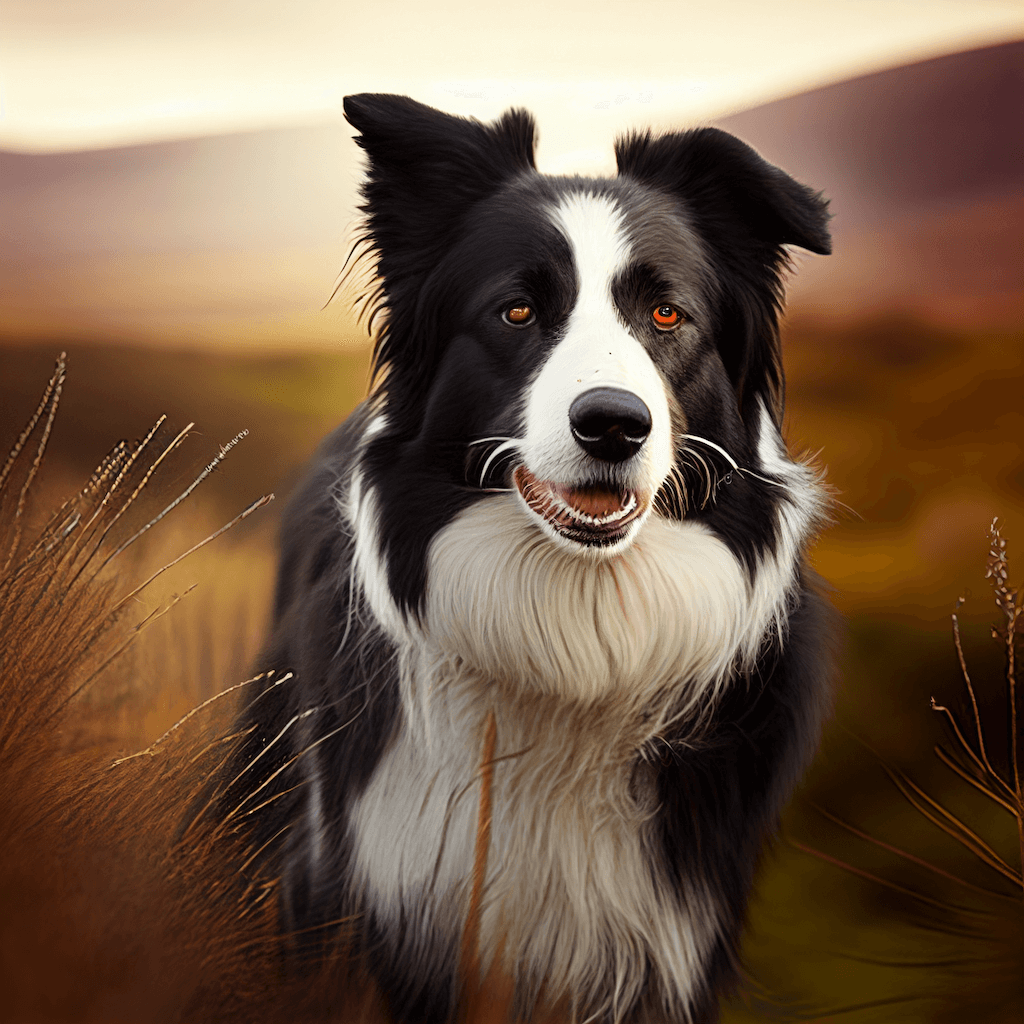A black and white dog standing in a field.