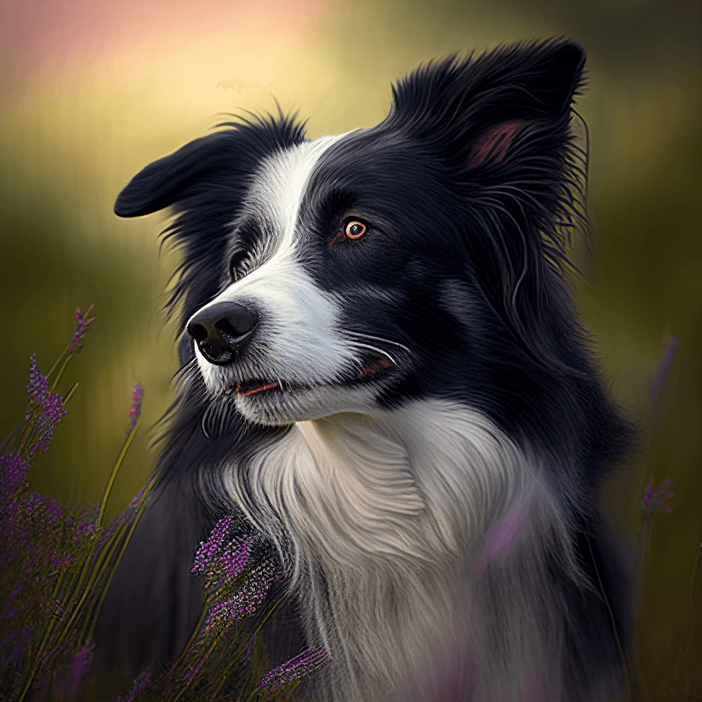 A black and white dog sitting in a field of purple flowers.
