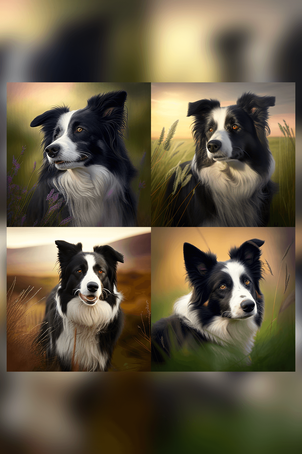 A collage of four pictures of a border collage of a dog.
