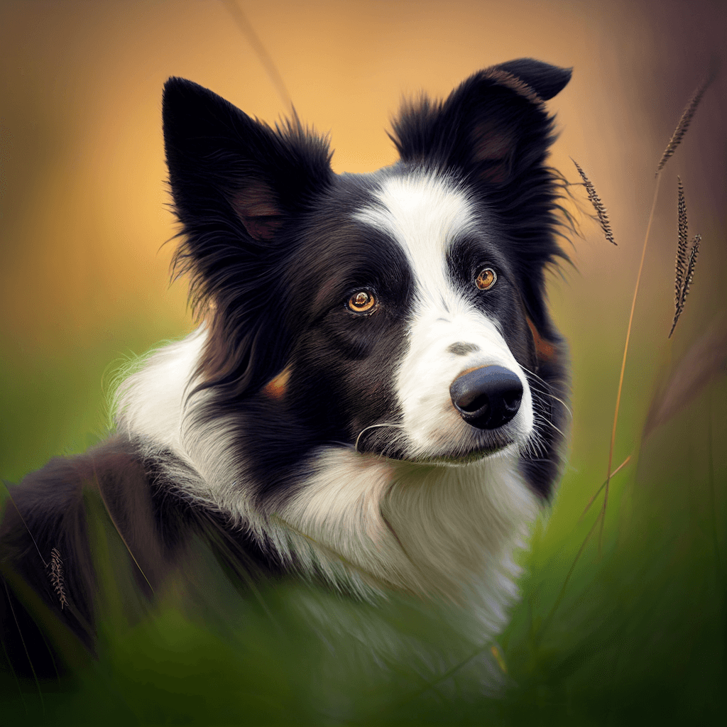 A black and white dog sitting in the grass.