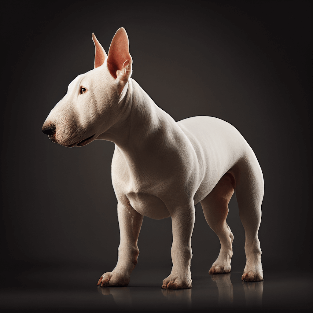 A white dog standing on a black background.