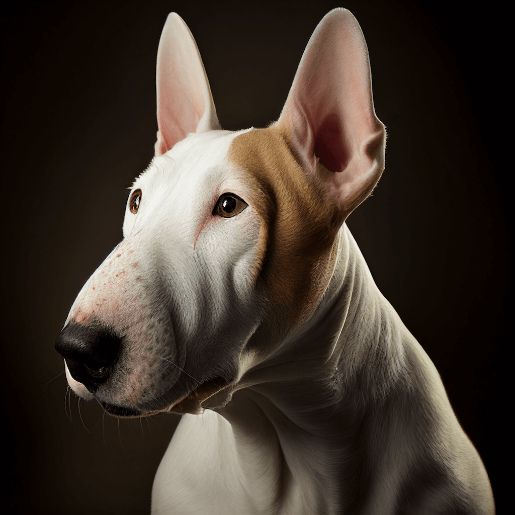 A close up of a dog with a black background.