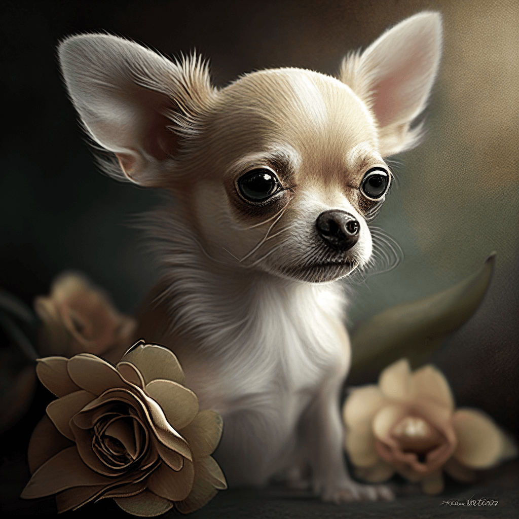 A painting of a small dog sitting next to a flower.