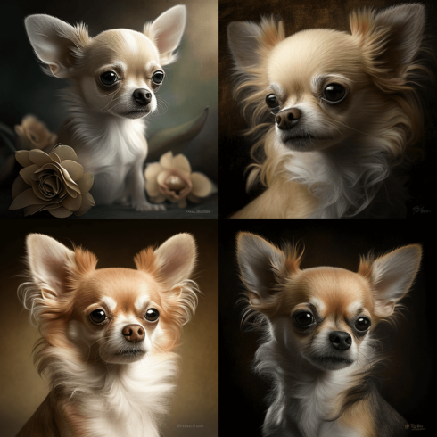 Four pictures of a small dog with a flower in its mouth.