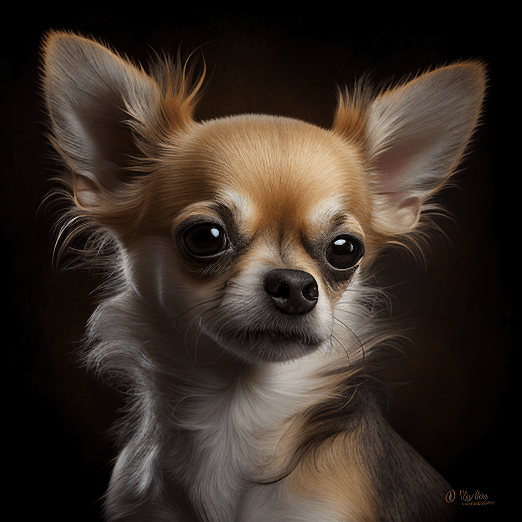 A small chihuahua dog with a black background.