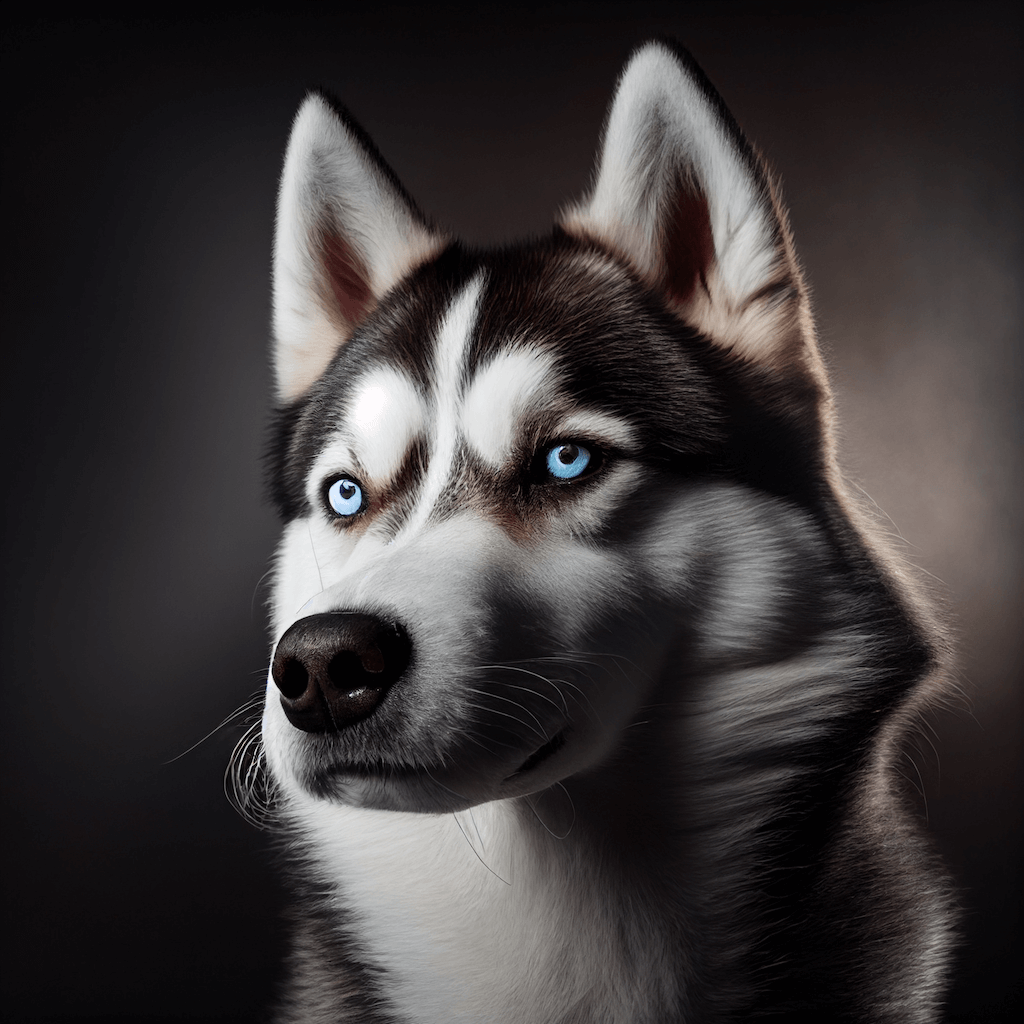 A close up of a husky dog with blue eyes.