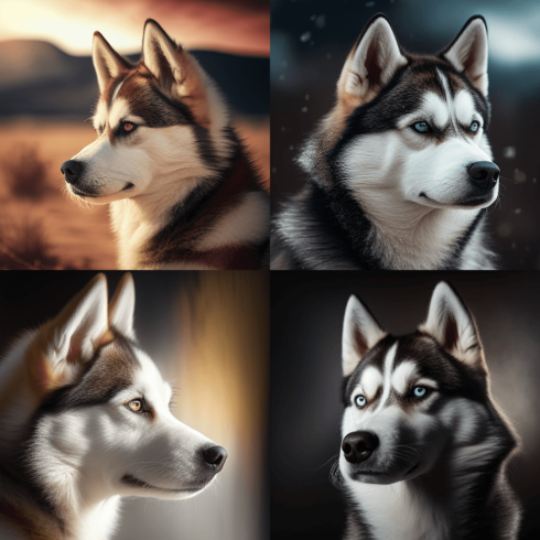Four different pictures of a husky dog.