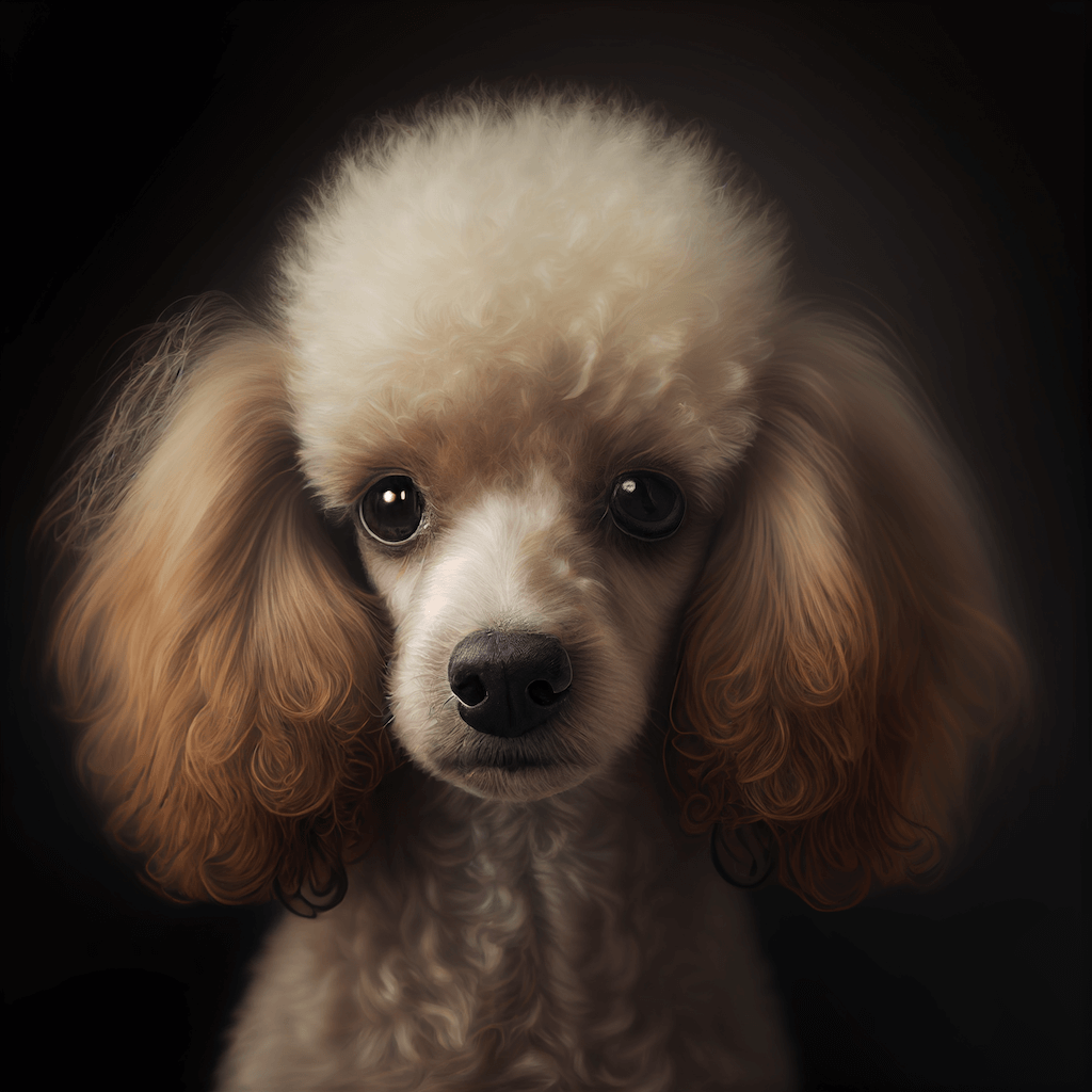 A close up of a poodle with a black background.