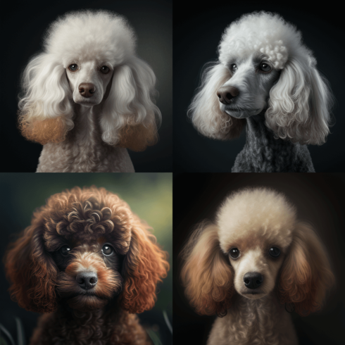Four different pictures of a poodle dog.
