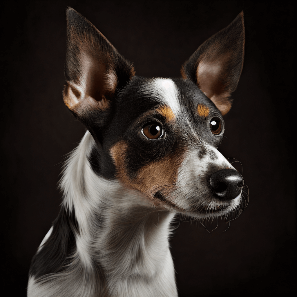 A close up of a dog with a black background.