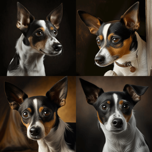 A collage of four pictures of a dog.