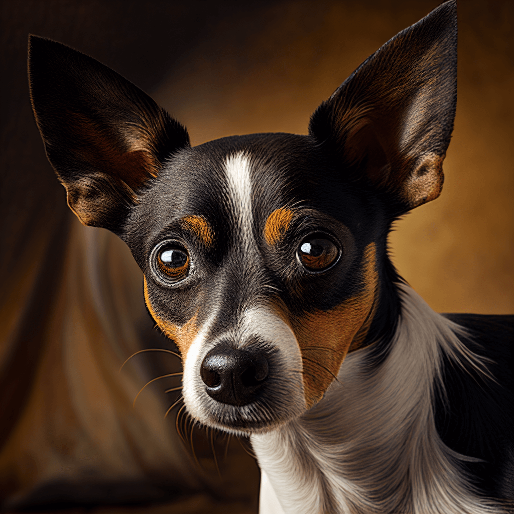 A small black and white dog with brown eyes.