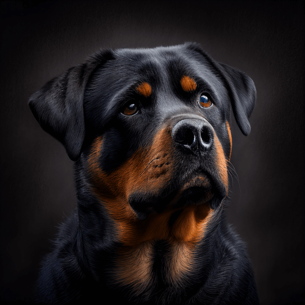 A close up of a dog's face with a black background.