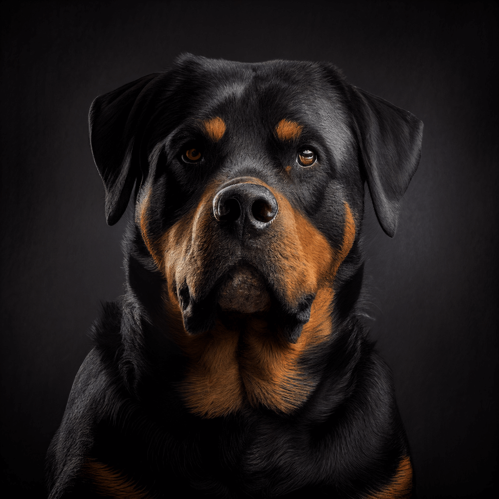 A close up of a dog on a black background.