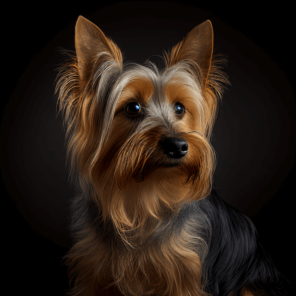 A brown and black dog with a black background.