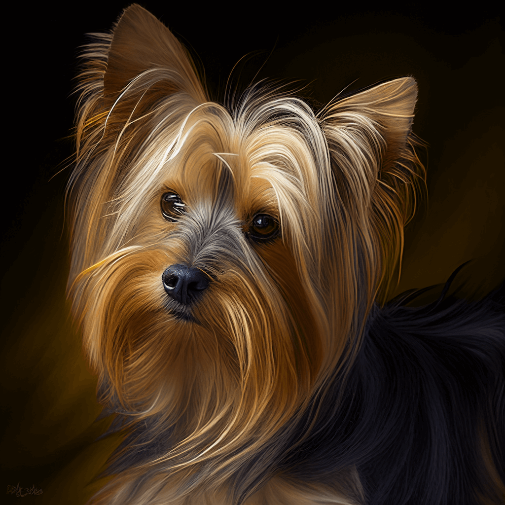 A painting of a dog on a black background.