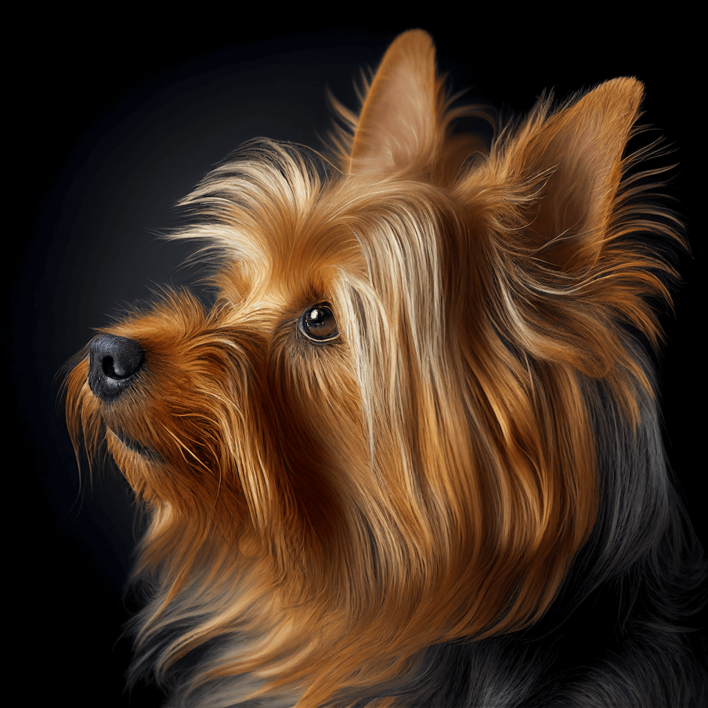 A close up of a dog's face on a black background.