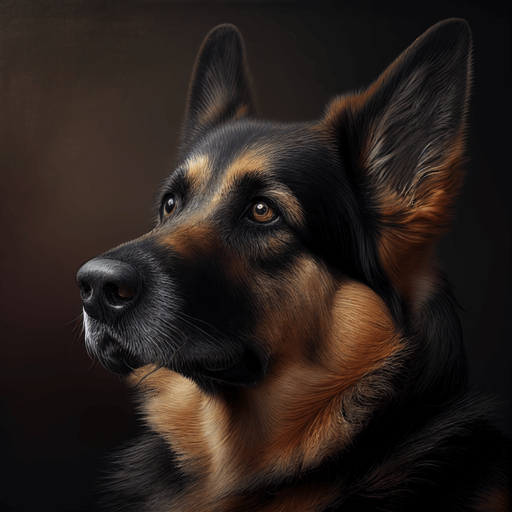 A close up of a dog's face on a black background.