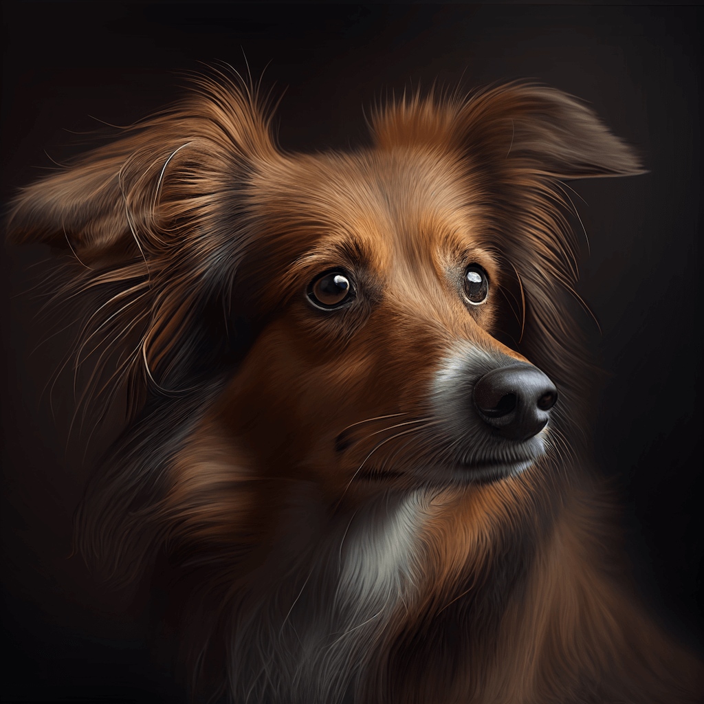 A close up of a dog's face on a black background.